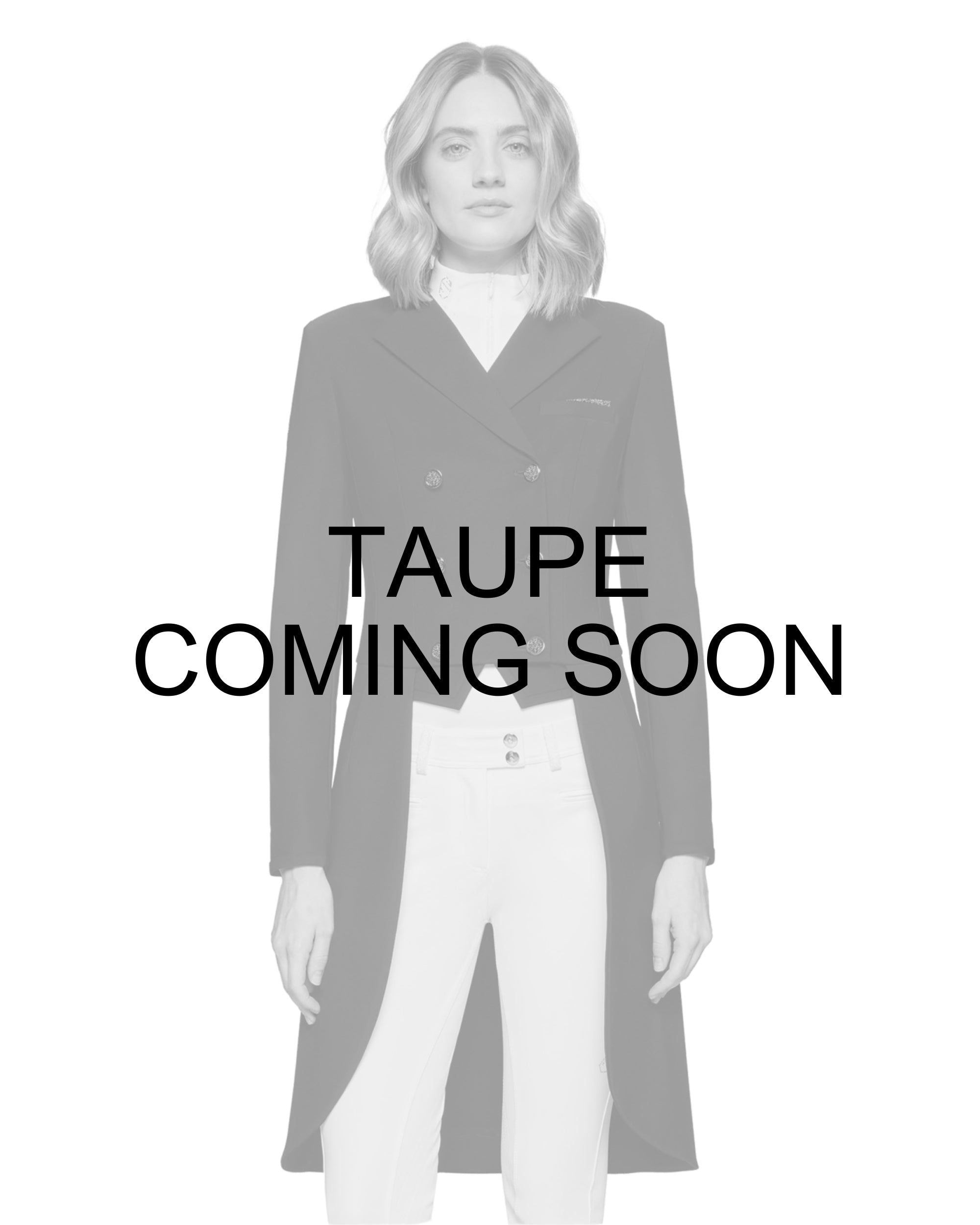 Coming soon infographic of a female model wearing the Taupe Samshield Frac Crystal Fabric Show Coat on a plain background