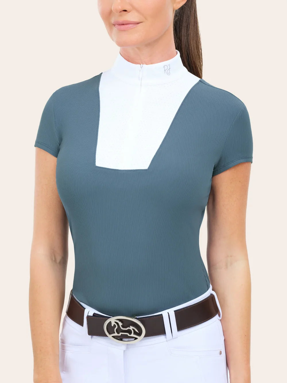 Woman wearing RJ Classics Celeste Show Shirt in Atlantic, front view with belt and breeches