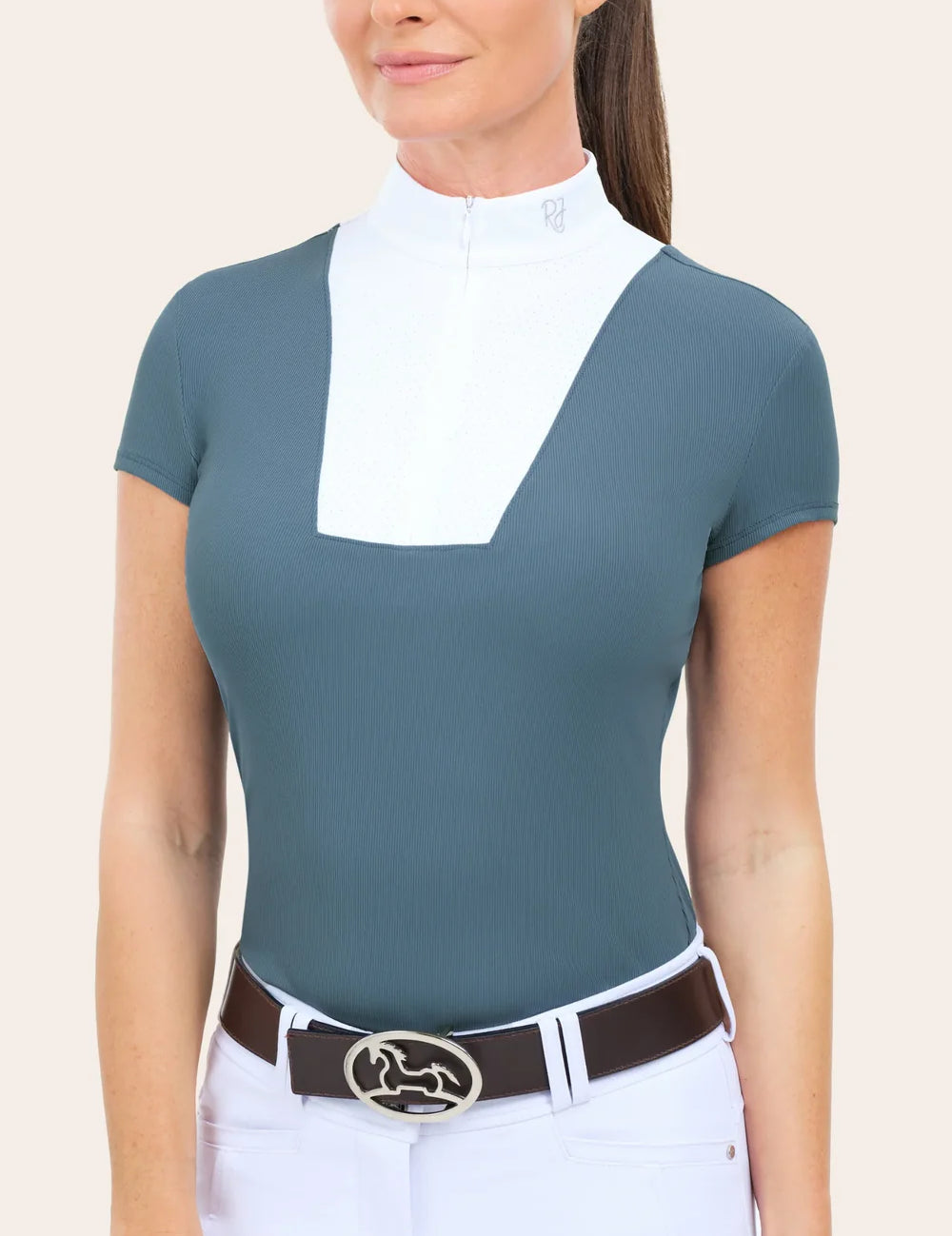 Woman wearing RJ Classics Celeste Show Shirt in Atlantic, front view with belt and breeches