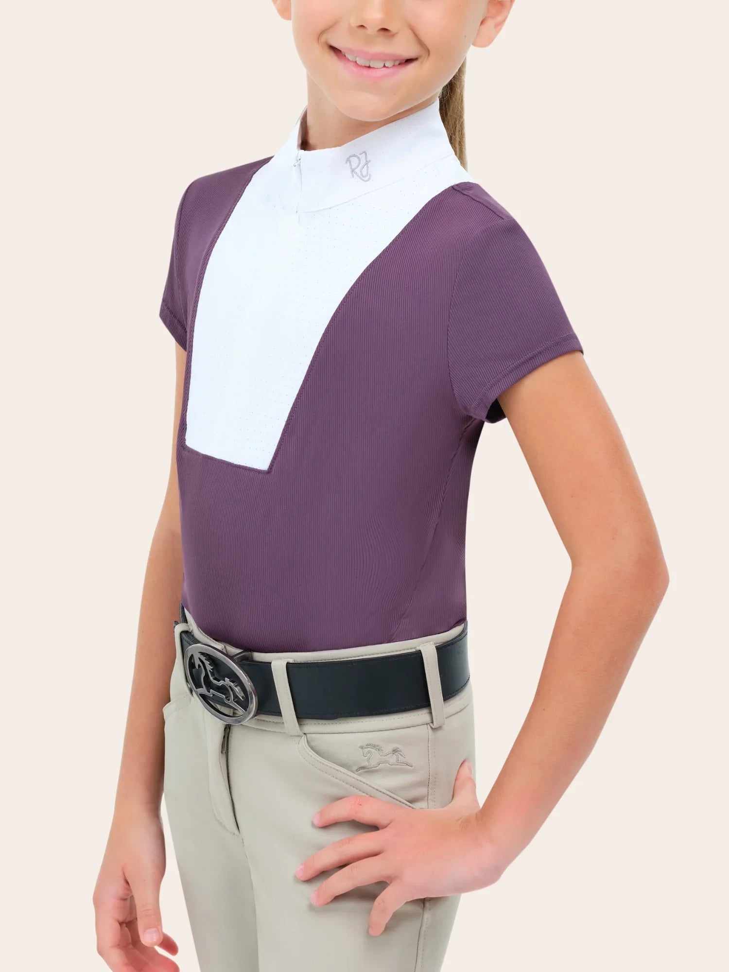 Child wearing RJ Classics Celeste Jr. Show Shirt in grape with hand on hip