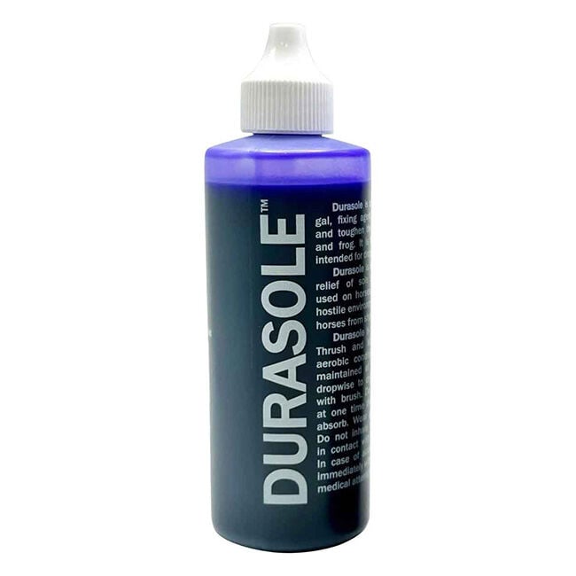 Front view of a 4oz bottle of Durasole Hoof Toughener on a white background
