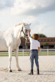 Full body back view of a young male model wearing the blue Free Ride Boys Pro Knee Patch Breeches and white shirt while petting a gray horse on its face
