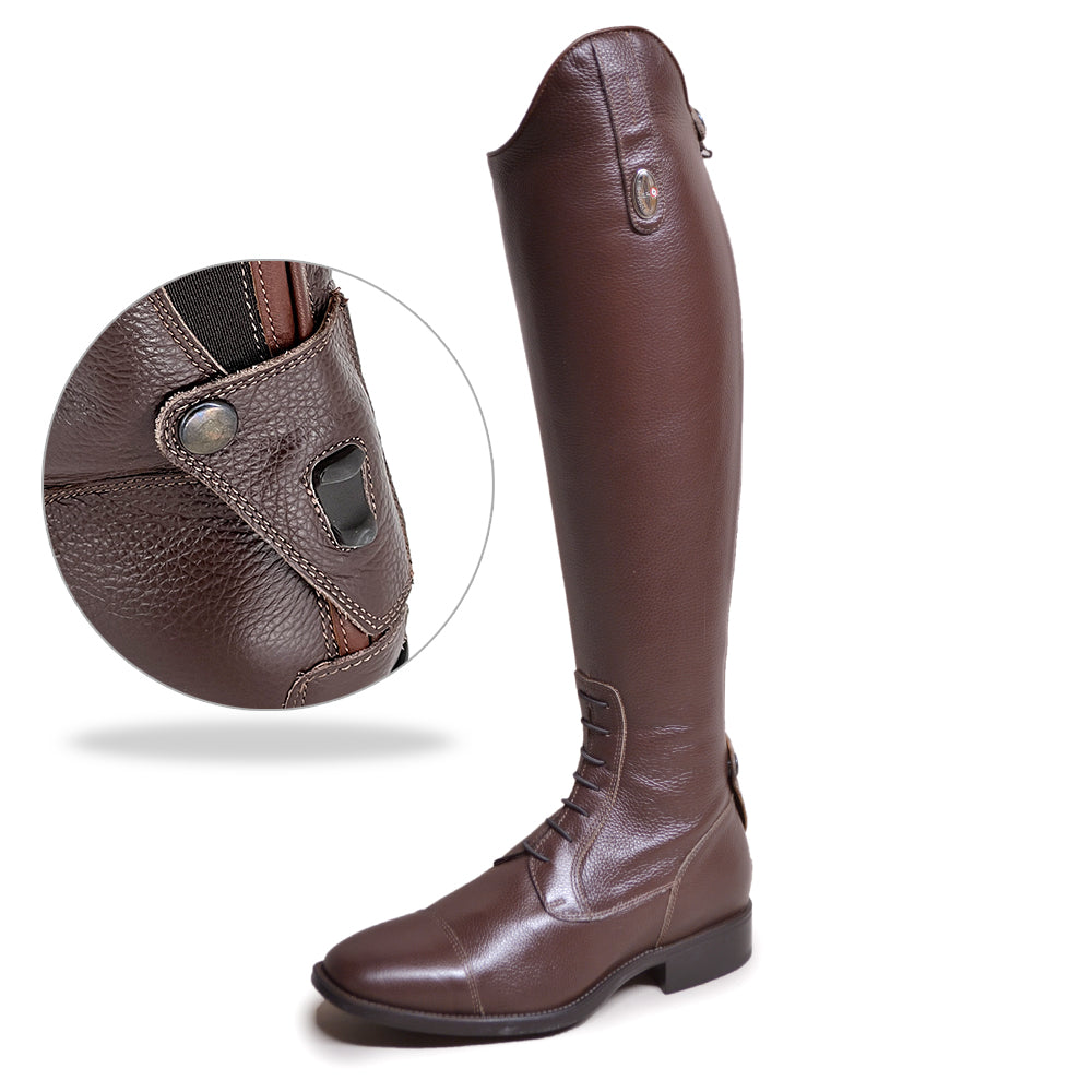 Side view and close up spur rest on the brown DeNiro Amabile Quick 02 Brown Field Boots on a plain background