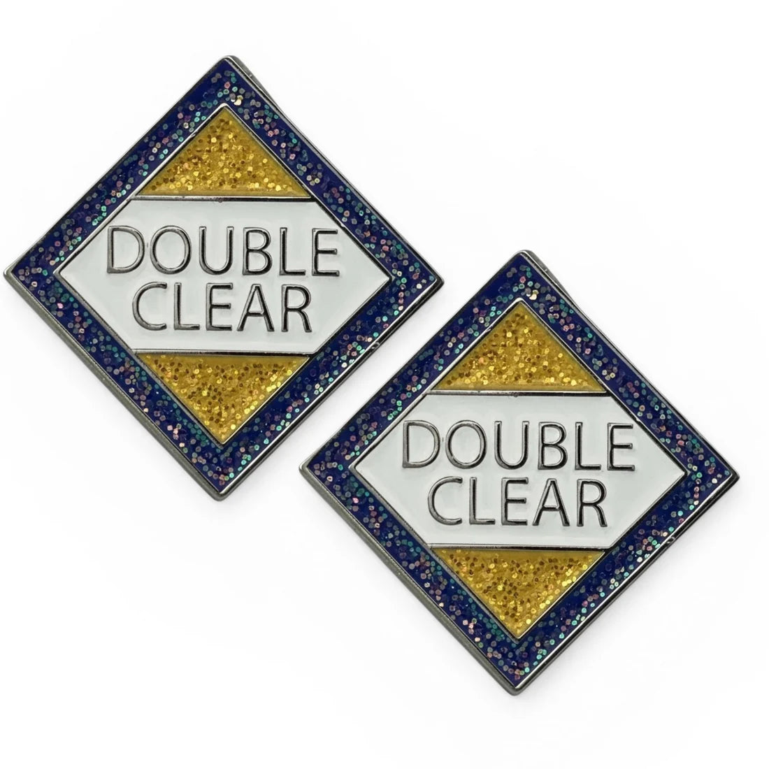 Front view of a pair of Double Clear Dubois Cheval Number Pin Charm on a white background