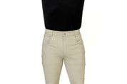 Front view of a male model wearing the beige KL Select Men's Evan Knee Patch Breeches on a white background