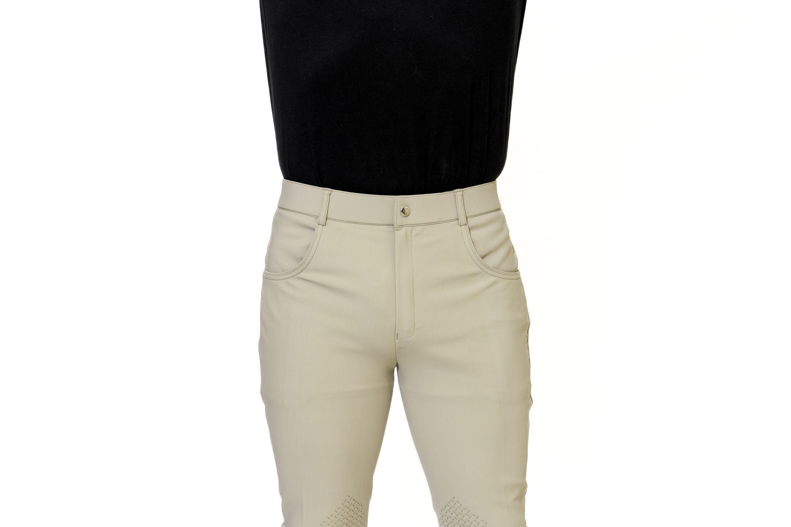 Front view of a male model wearing the beige KL Select Men's Evan Knee Patch Breeches on a white background