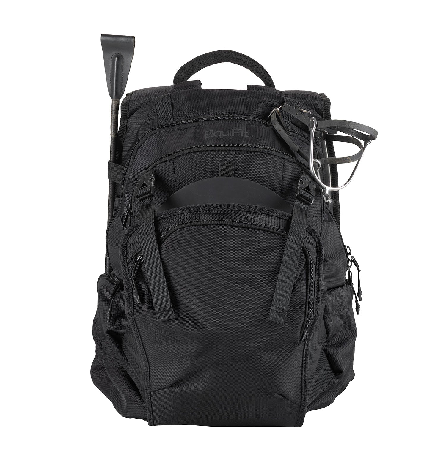 Front view of the black EquiFit Rider Backpack on a white background