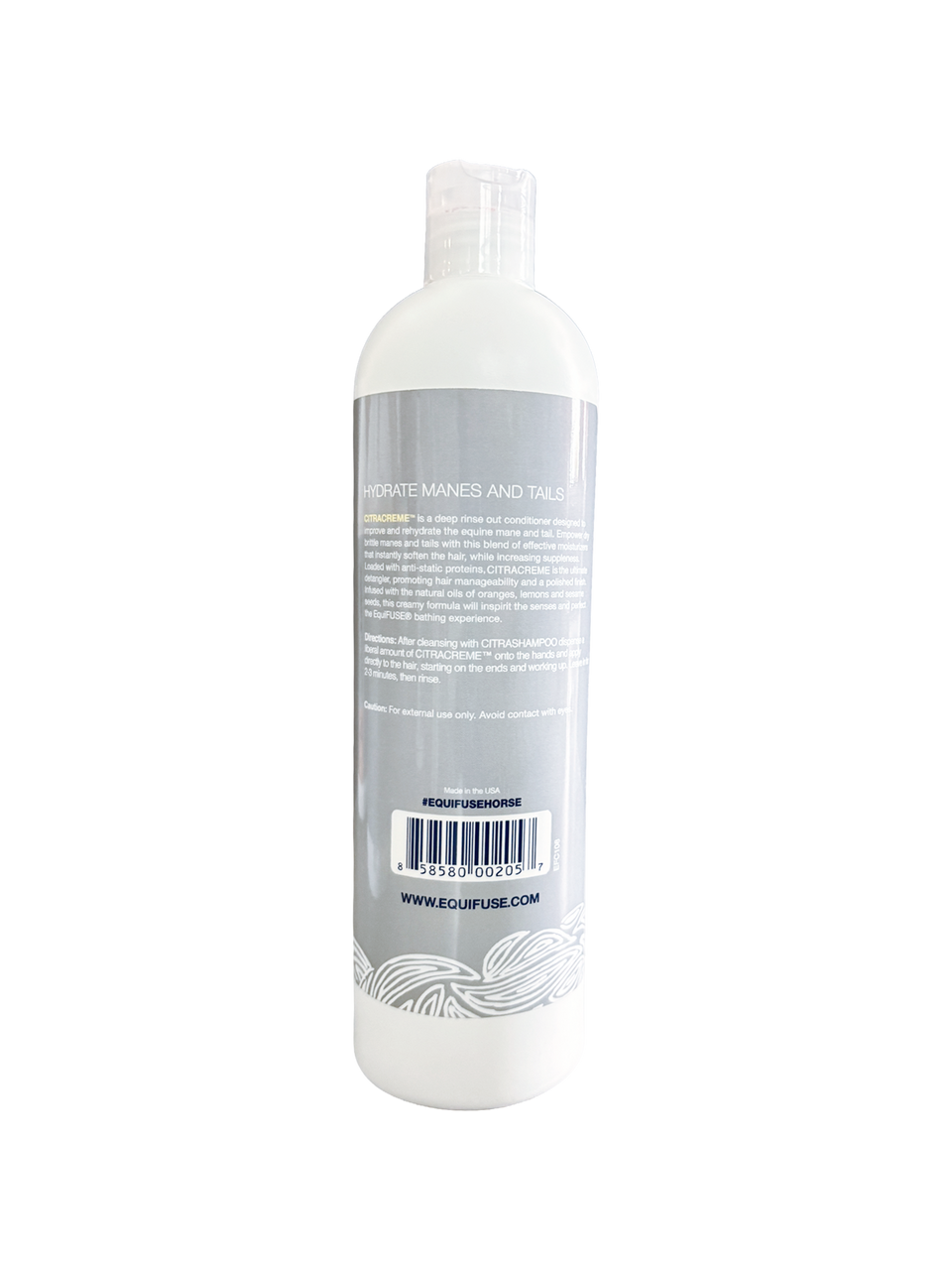 Back view of a 16 oz bottle of EquiFUSE CitraCreme Smoothing Deep Conditioner on a white background