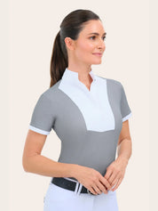 Angled front view of model wearing the RJ Classics Elsie Show Shirt in Grey Floral Dot