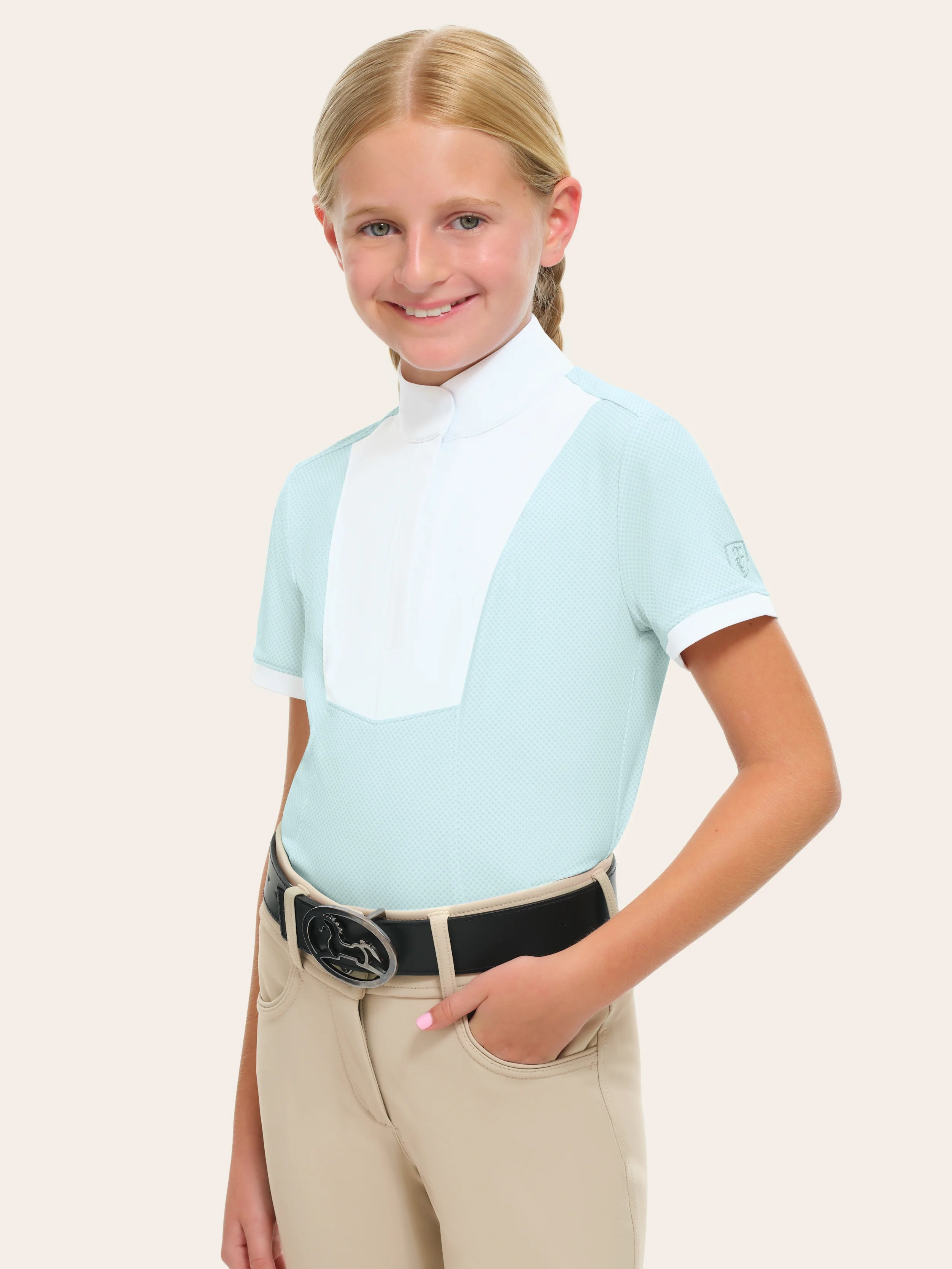 Front view of a young female model wearing the blue RJ Classics Elsie Jr. Show Shirt on a plain background