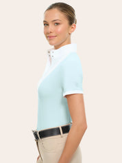 Side view of a female model wearing the blue RJ Classics Elsie Show Shirt on a plain background