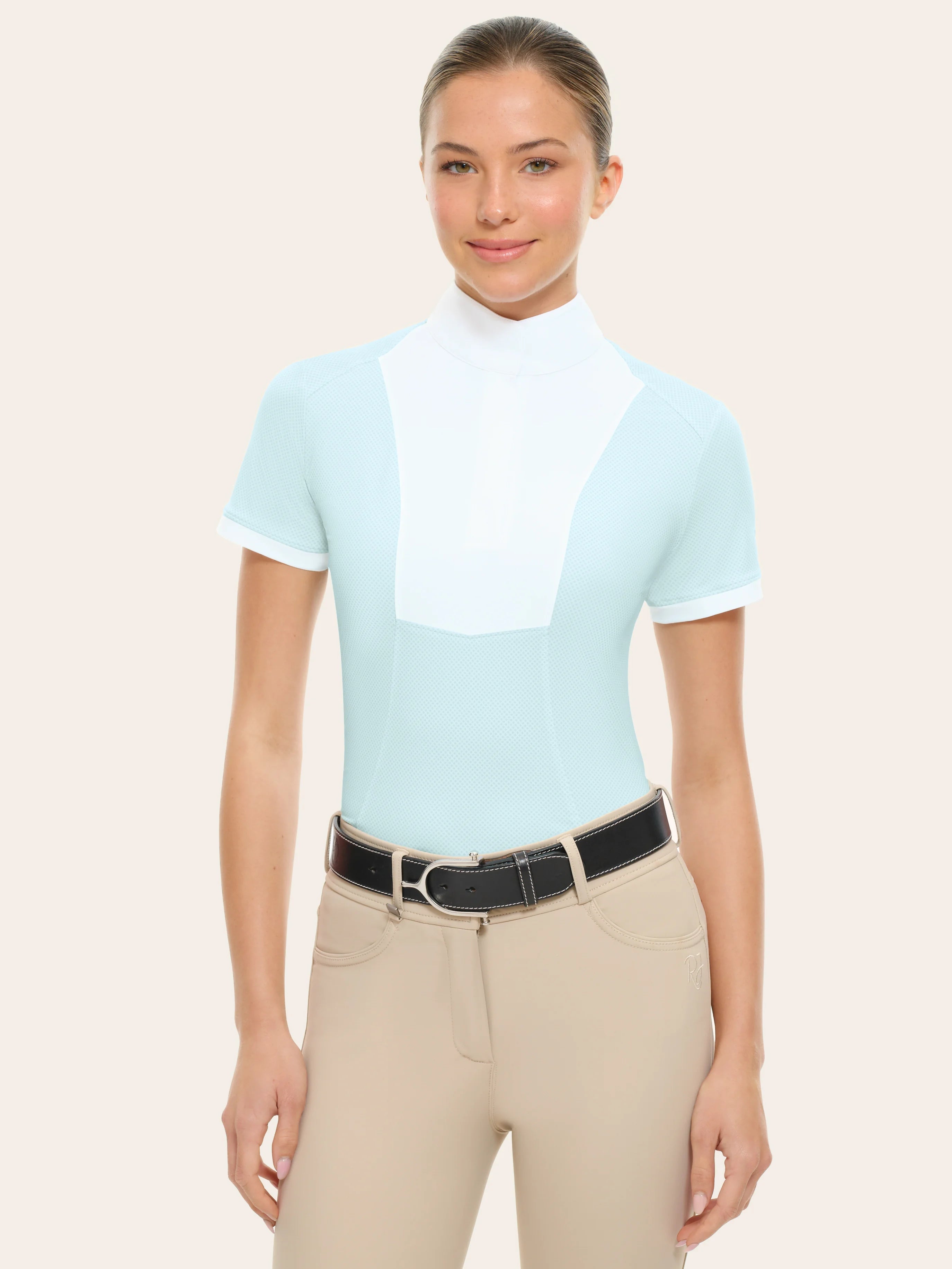 Front view of a female model wearing the blue RJ Classics Elsie Show Shirt on a plain background