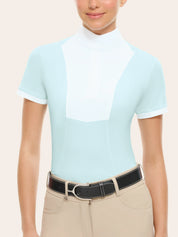 Front view of a female model wearing the blue RJ Classics Elsie Show Shirt on a plain background