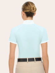 Back view of a female model wearing the blue RJ Classics Elsie Show Shirt on a plain background