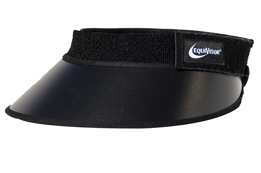 Angled front view of the black EquiVisor Sport Sun Visor on a white background