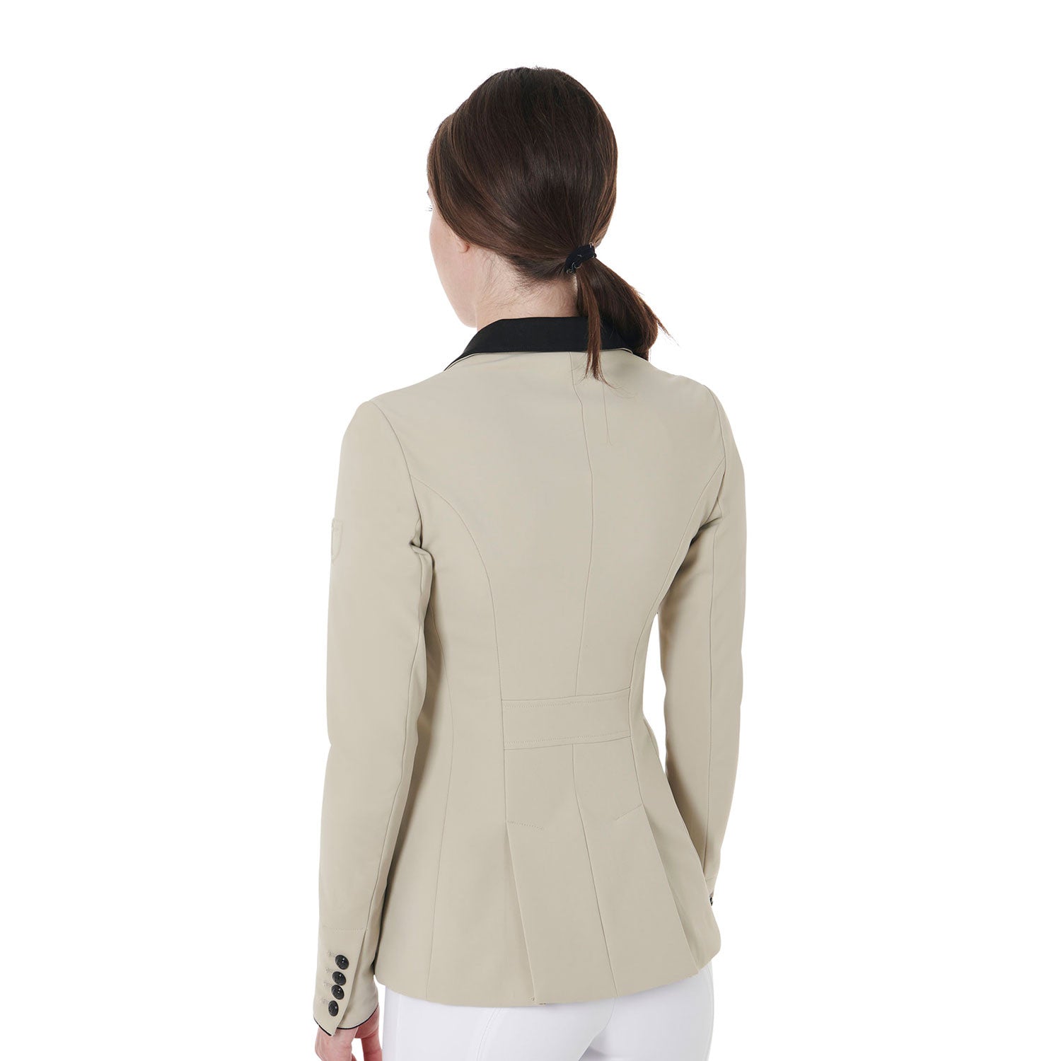 Back view of model wearing the Equestro Women's Three-Button Competition Jacket in tan on a white background