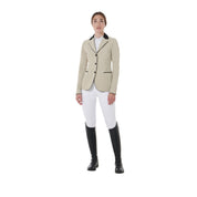 Full body view of model wearing the Equestro Women's Three-Button Competition Jacket in tan, white breeches, and black tall boots on a white background