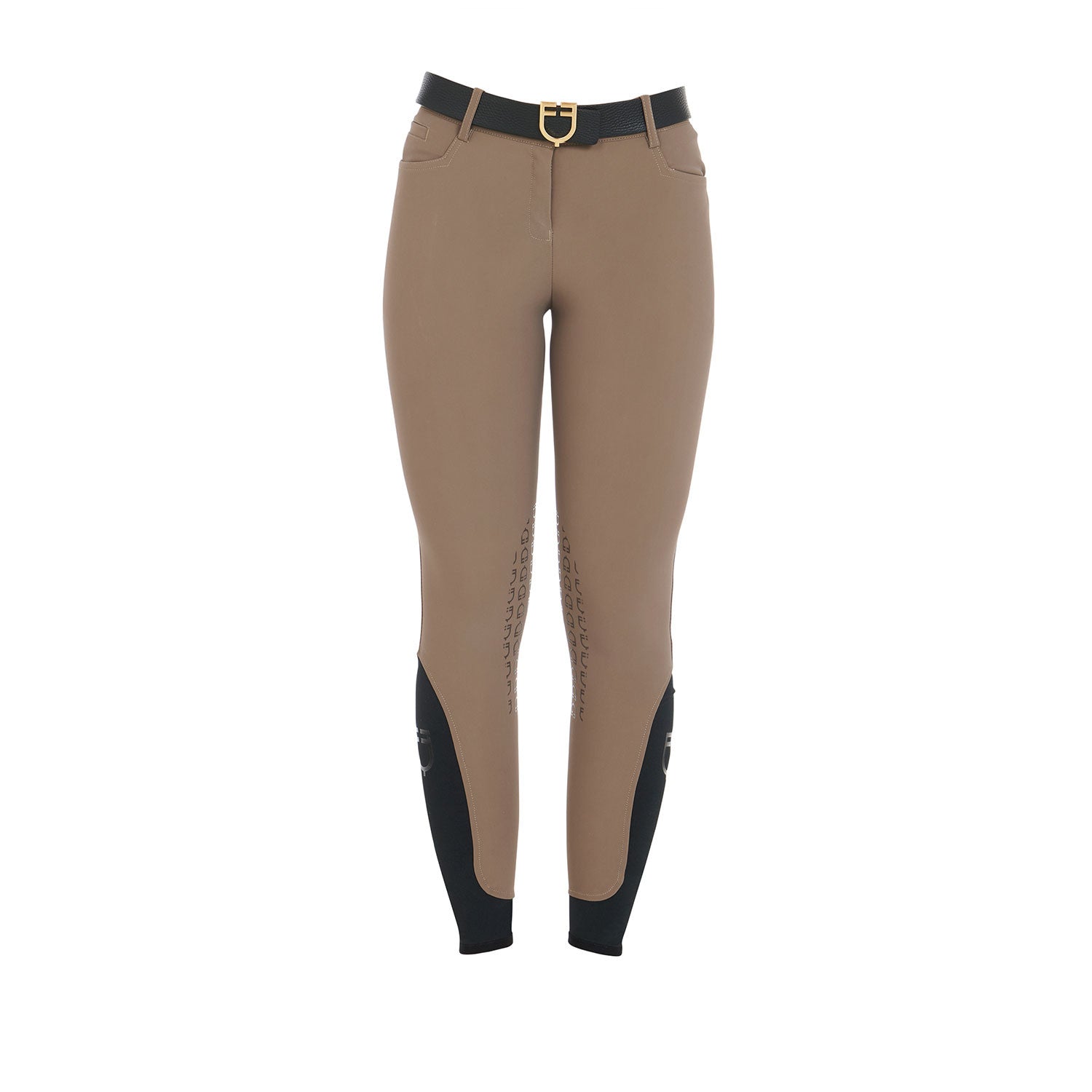 Front view of the Equestro Women's Slim Fit Grip Breeches With Logo in tan on white background
