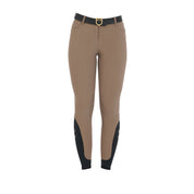 Front view of the Equestro Women's Slim Fit Grip Breeches With Logo in tan on white background