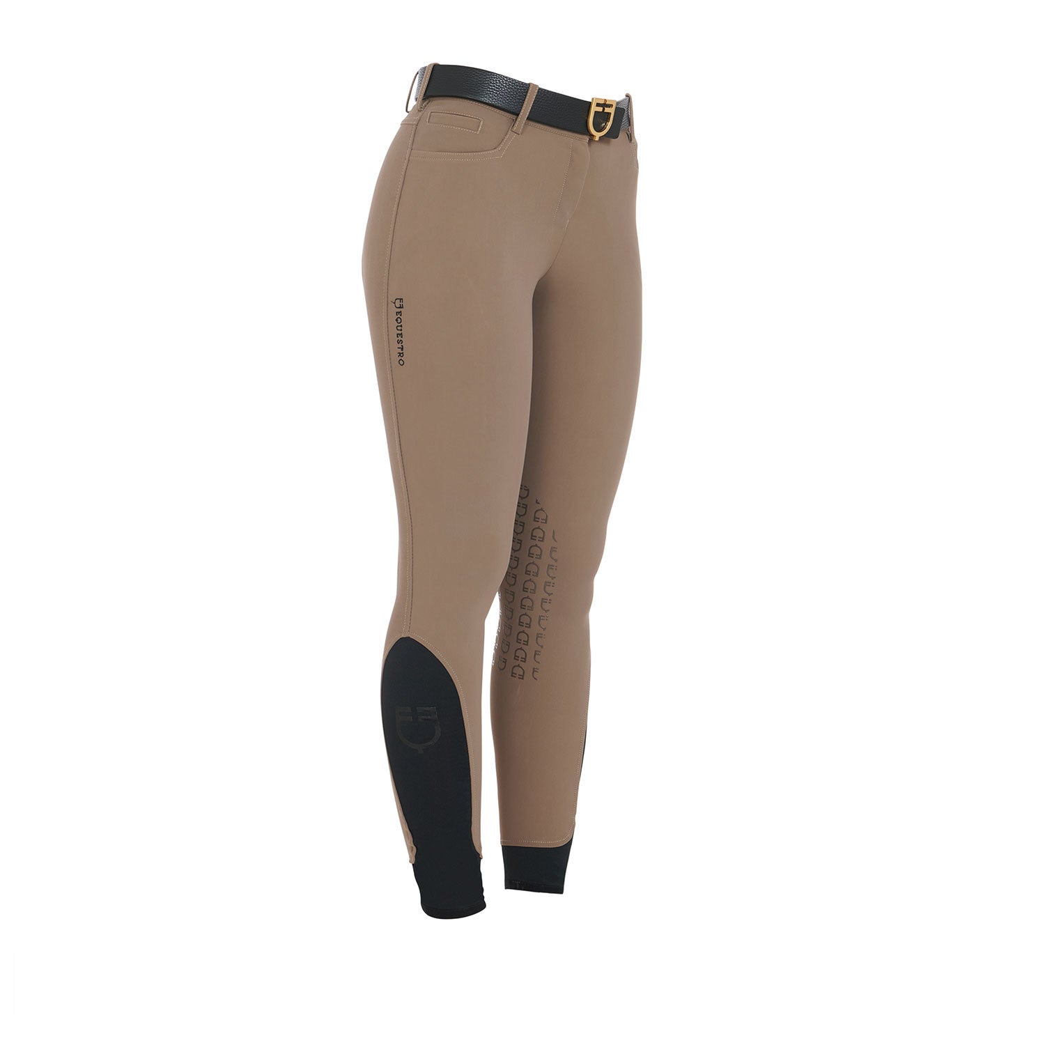 Side angled view of the Equestro Women's Slim Fit Grip Breeches With Logo in tan on white background