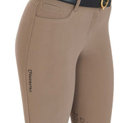 Close up view of the front pocket of the Equestro Women's Slim Fit Grip Breeches With Logo in tan on white background