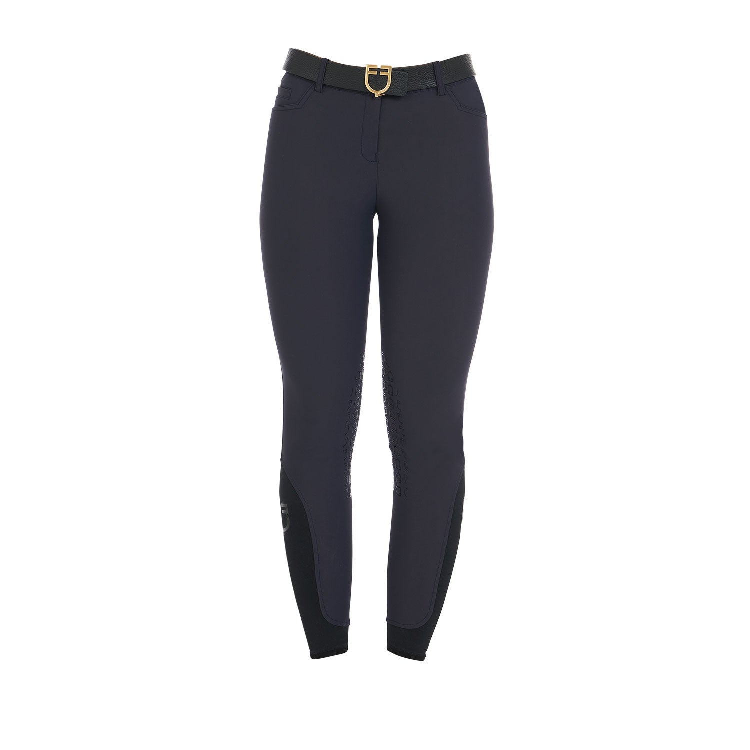 Front view of the Equestro Women's Slim Fit Grip Breeches With Logo in navy on white background