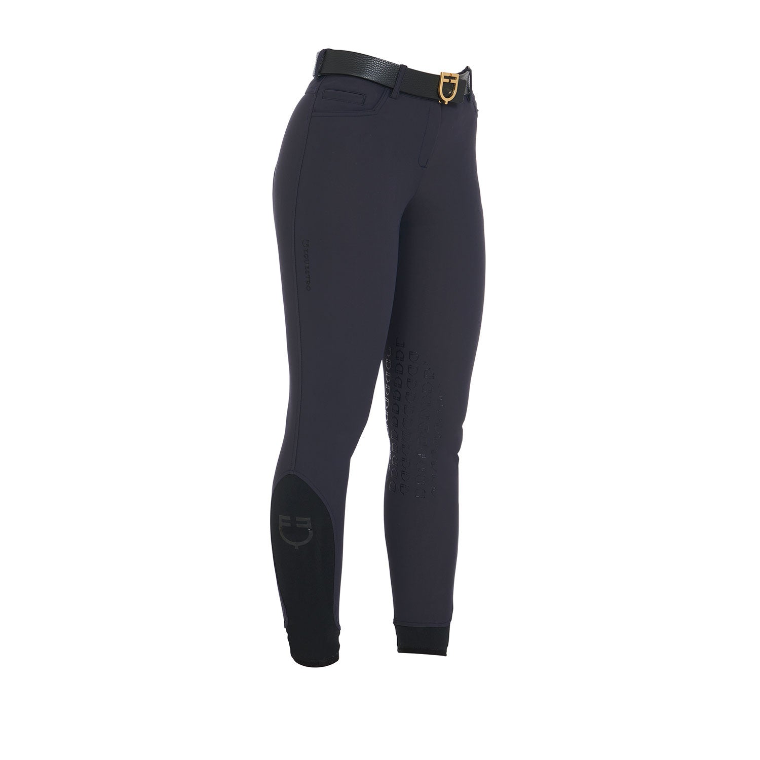 Side angled view of the Equestro Women's Slim Fit Grip Breeches With Logo in navy on white background