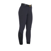 Side angled view of the Equestro Women's Slim Fit Grip Breeches With Logo in navy on white background