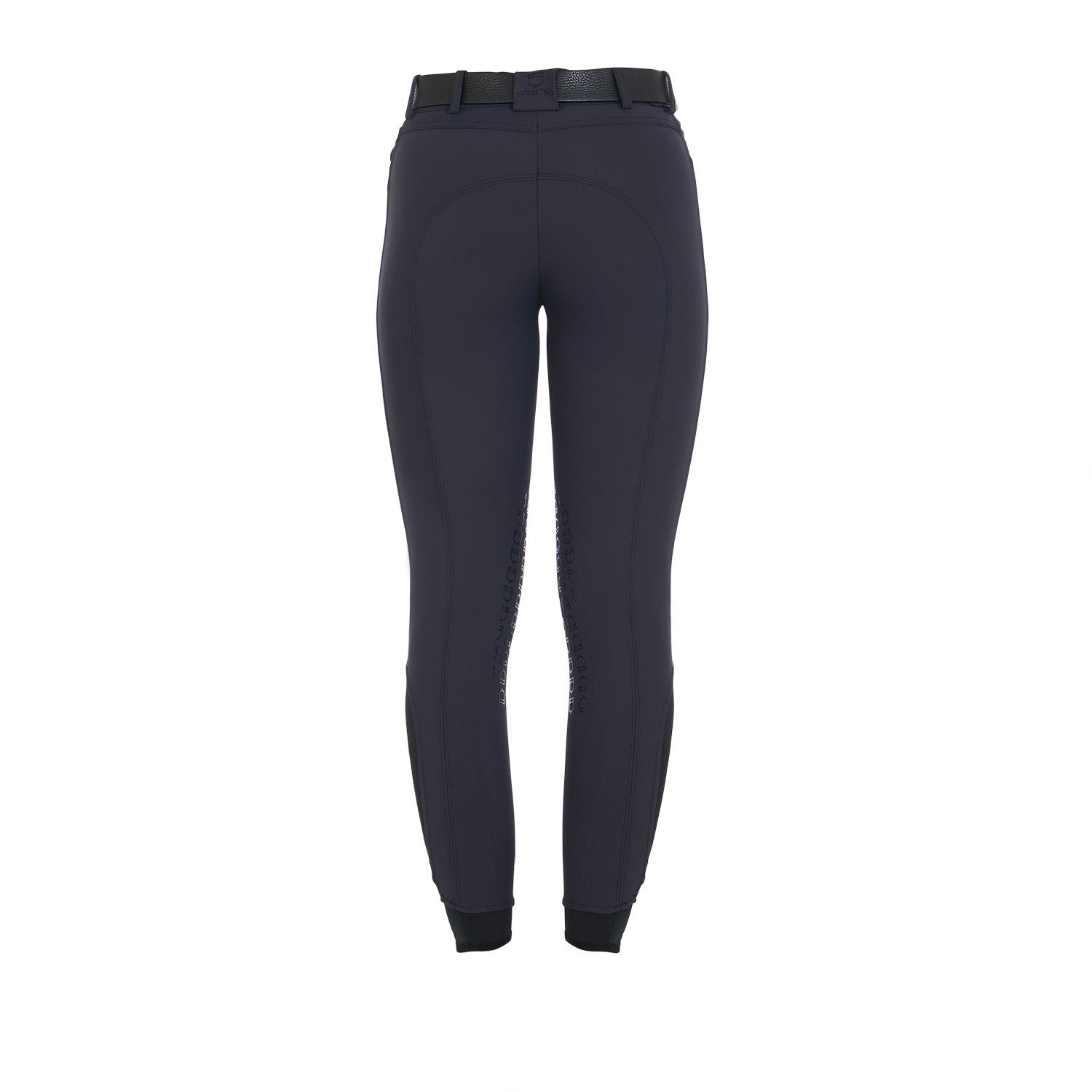 Back view of the Equestro Women's Slim Fit Grip Breeches With Logo in navy on white background