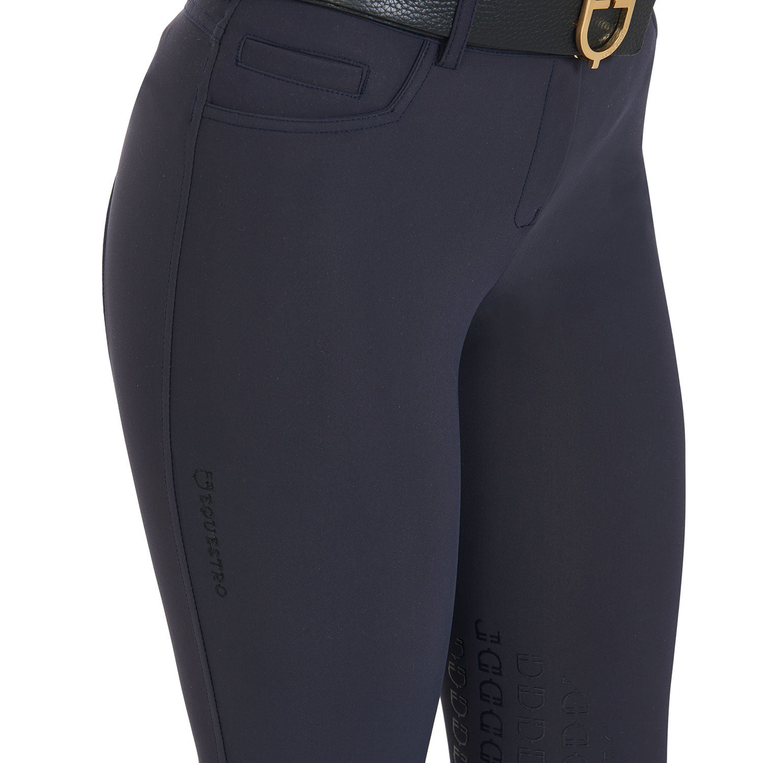 Close up of the front pocket on the Equestro Women's Slim Fit Grip Breeches With Logo in navy on white 