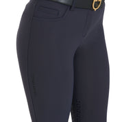 Close up of the front pocket on the Equestro Women's Slim Fit Grip Breeches With Logo in navy on white 
