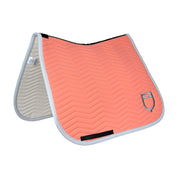 Side angled view of the Equestro Wave Quilting Dressage Saddle Pad In Technical Fabric in a coral color on a white background