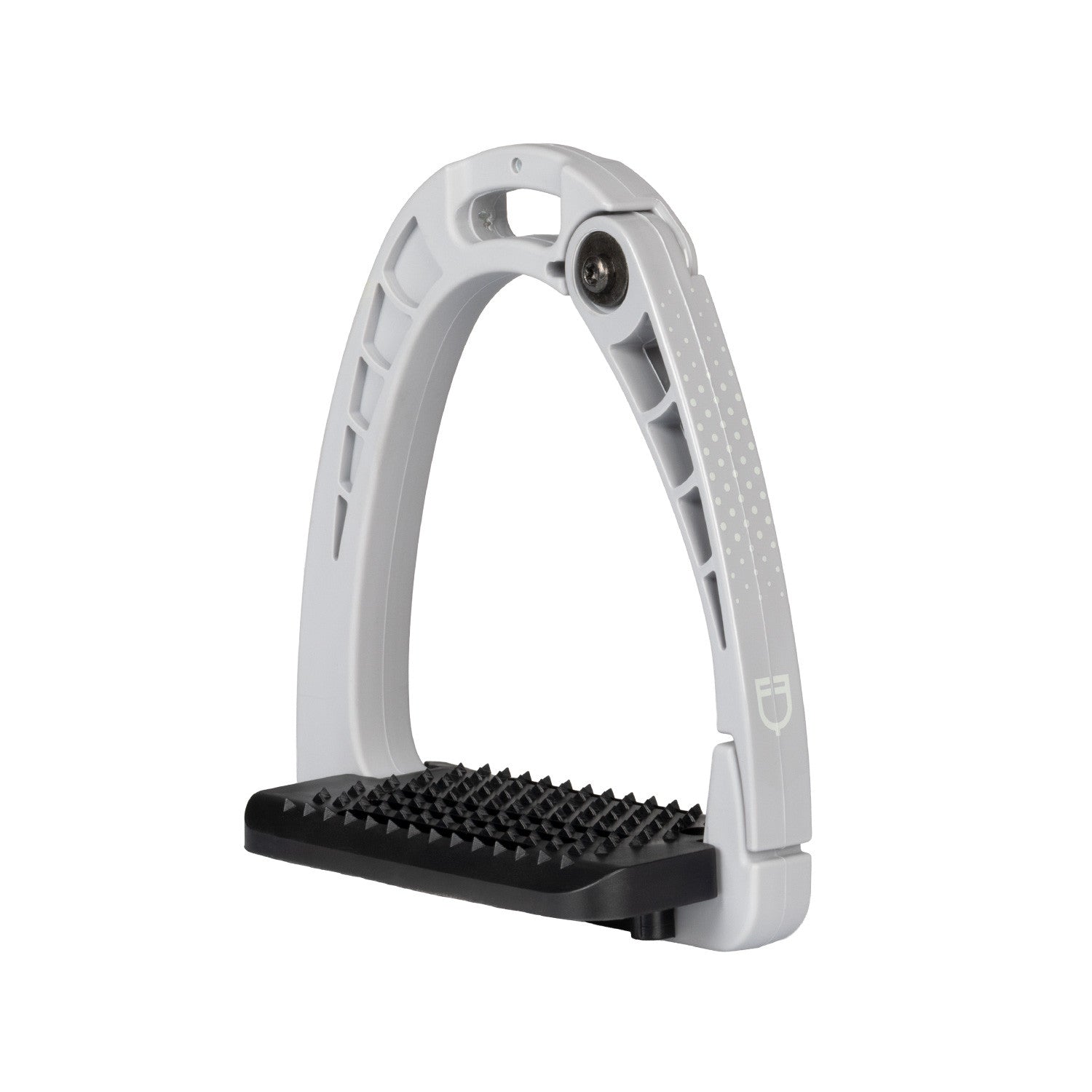 Angled view of the gray Equestro Junior Safety Stirrup with Wide Tread on a white background