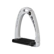 Angled view of the gray Equestro Junior Safety Stirrup with Wide Tread on a white background