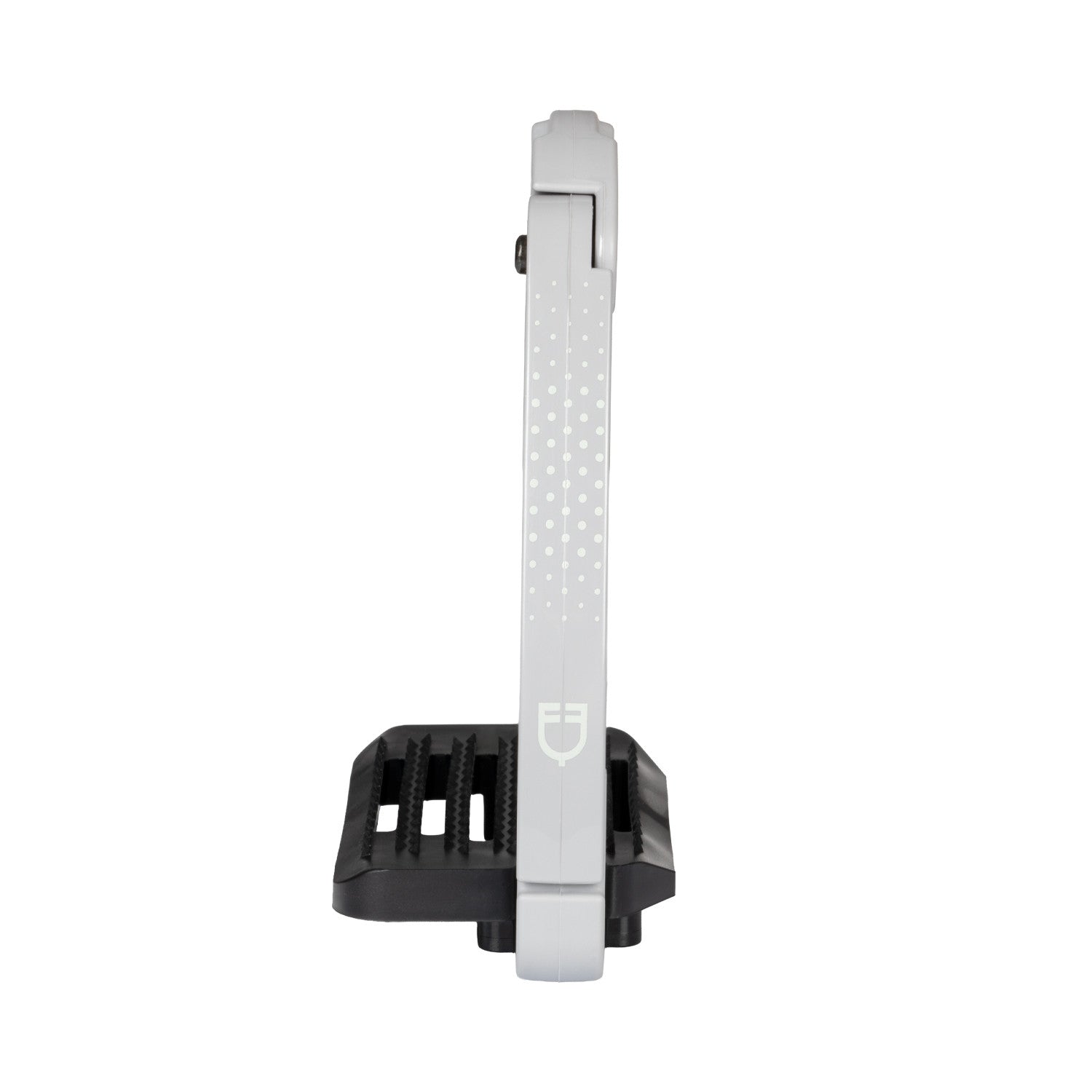 Side view of the gray Equestro Junior Safety Stirrup with Wide Tread on a white background