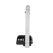 Side view of the gray Equestro Junior Safety Stirrup with Wide Tread on a white background