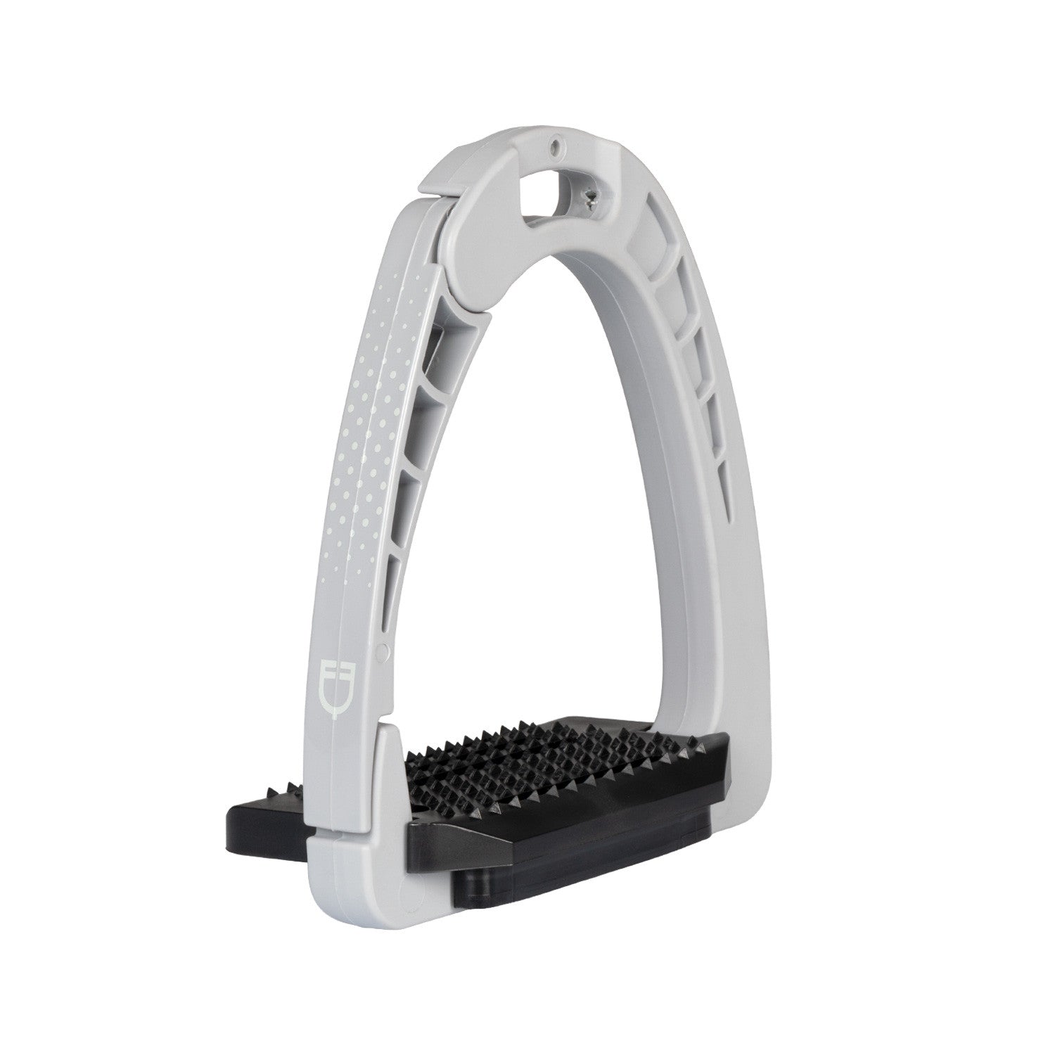 Angled view of the gray Equestro Junior Safety Stirrup with Wide Tread on a white background