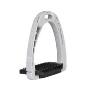 Angled view of the gray Equestro Junior Safety Stirrup with Wide Tread on a white background