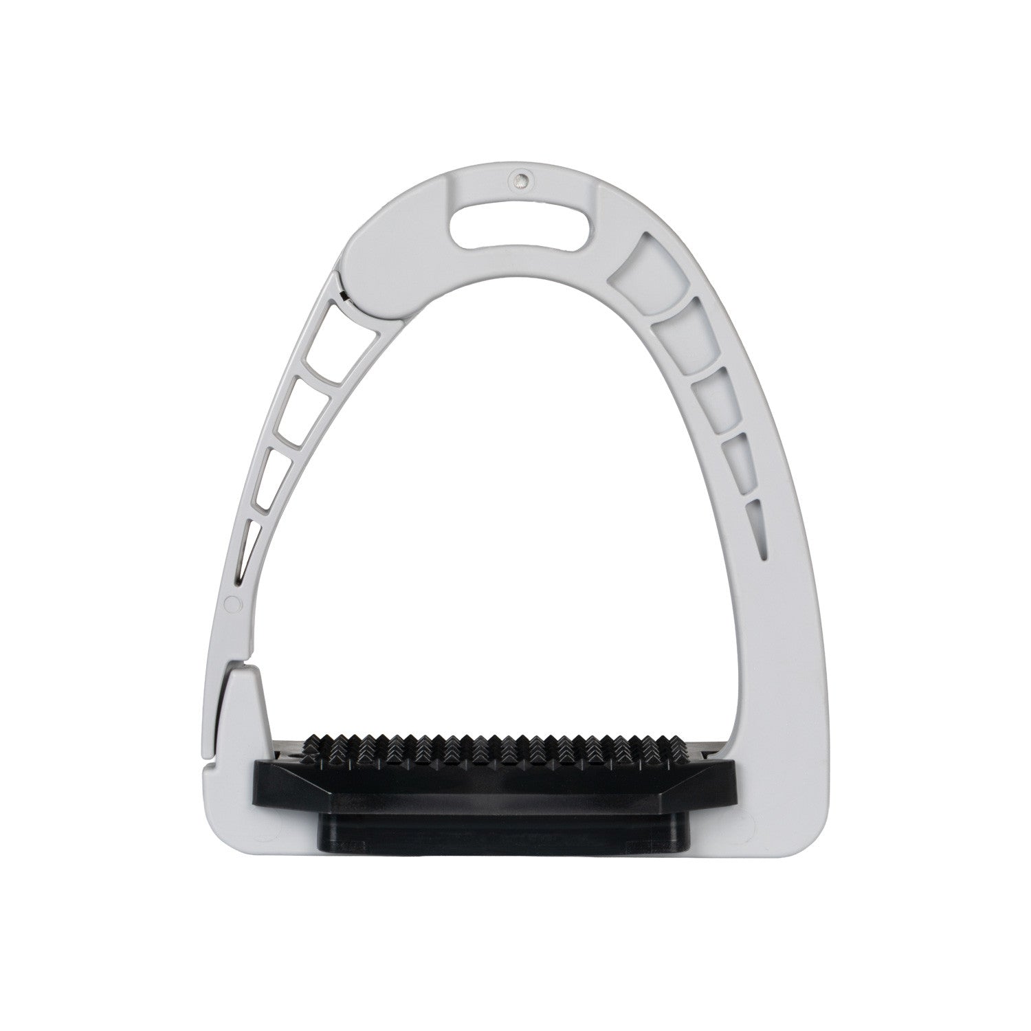 Front view of the gray Equestro Junior Safety Stirrup with Wide Tread on a white background