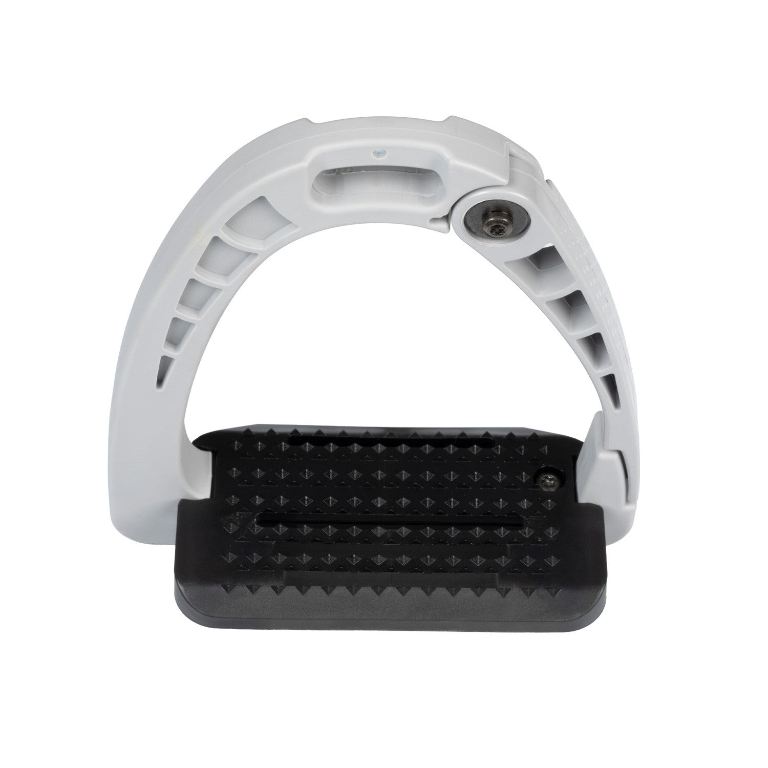 Top view of the gray Equestro Junior Safety Stirrup with Wide Tread on a white background