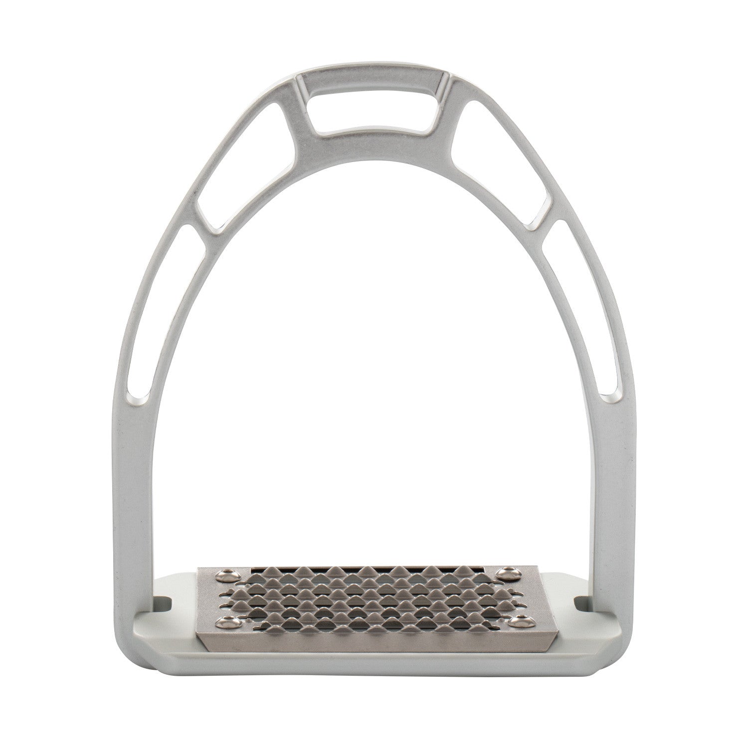 Front view of the silver Equestro Pro HPS Stirrup on a white background