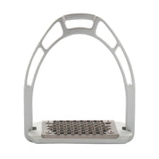 Front view of the silver Equestro Pro HPS Stirrup on a white background