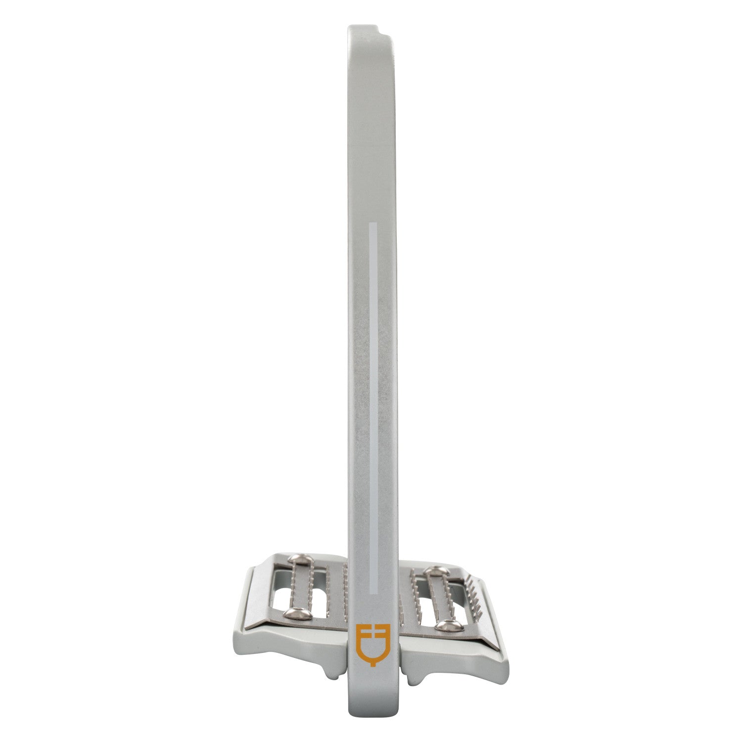 Side view of the silver Equestro Pro HPS Stirrup on a white background
