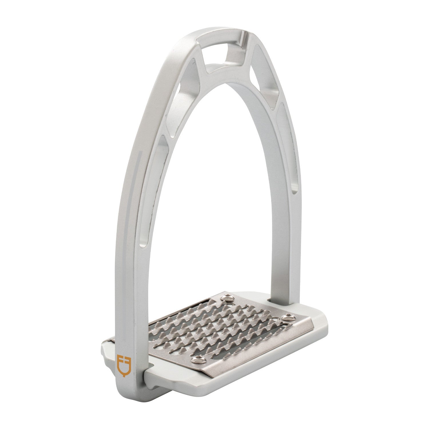 Angled view of the silver Equestro Pro HPS Stirrup on a white background