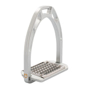Angled view of the silver Equestro Pro HPS Stirrup on a white background