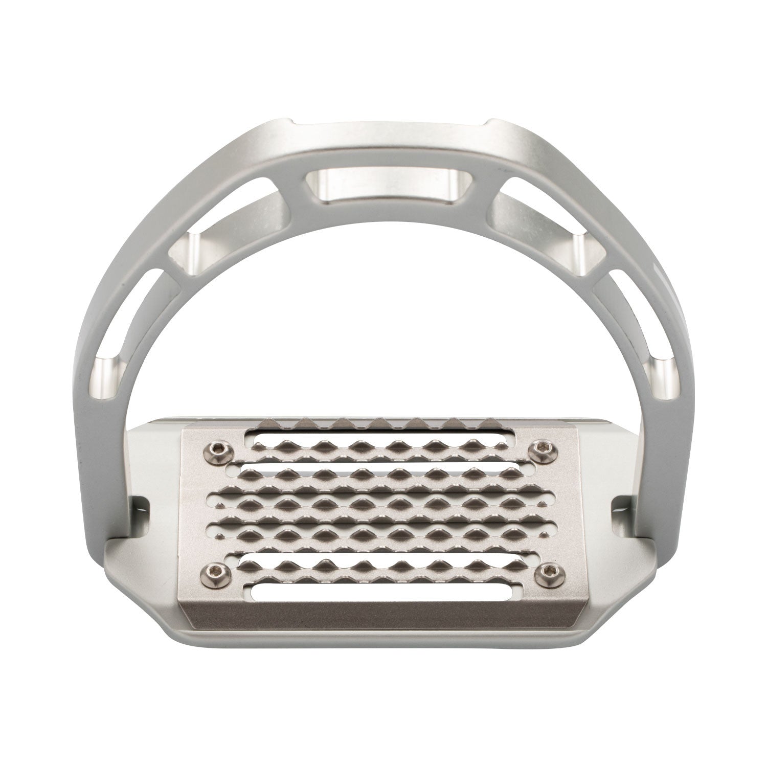 Top view of the silver Equestro Pro HPS Stirrup on a white background
