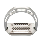 Top view of the silver Equestro Pro HPS Stirrup on a white background