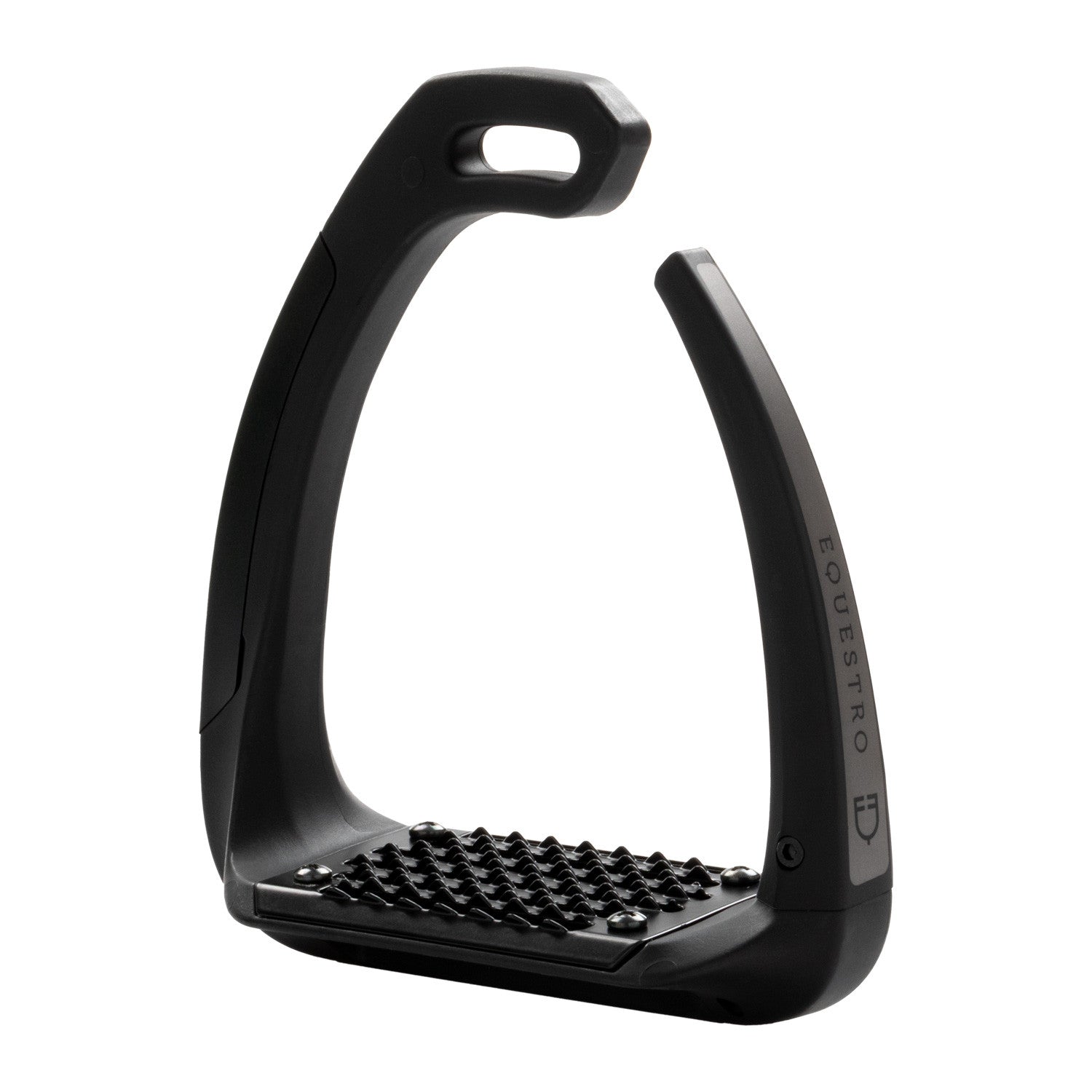 Front view of the black Equestro Supernova Stirrup on a white background