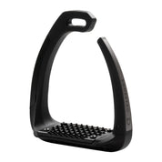 Front view of the black Equestro Supernova Stirrup on a white background