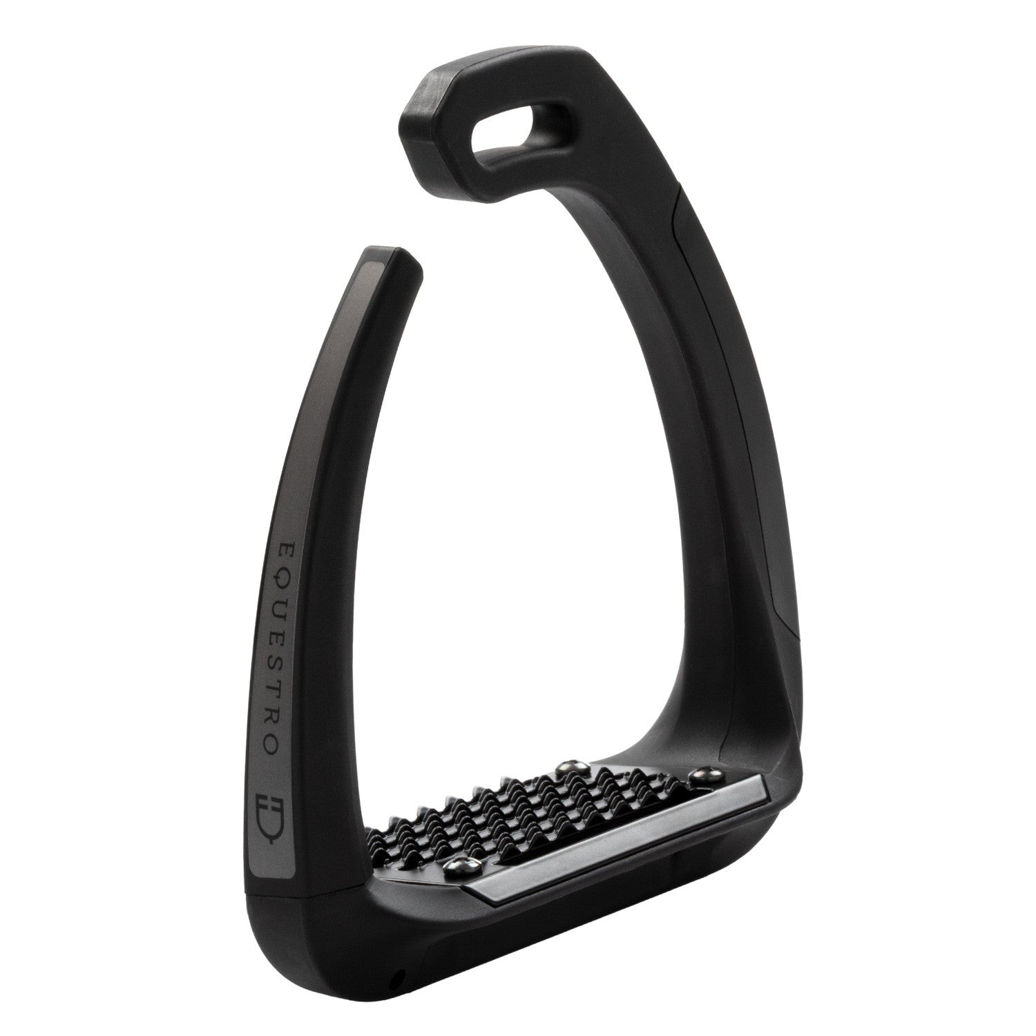 Angled view of the black Equestro Supernova Stirrup on a white background